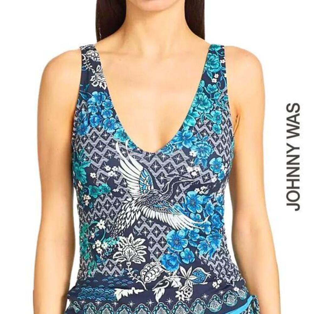 Johnny Was Women's Small Blue Swimsuit Tankini Top Phoenix‎ Blue Black NWT